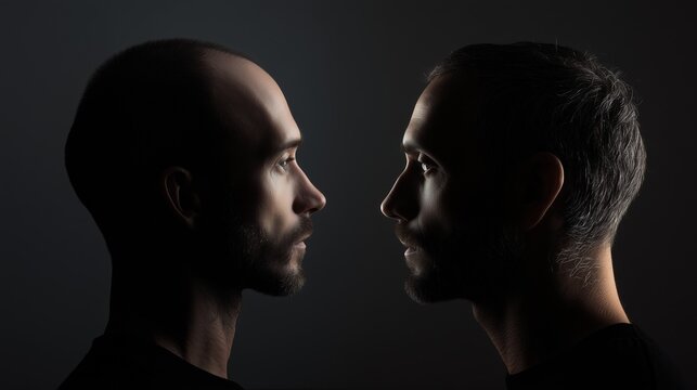 Profile of balding patient and surgeon facing each other in clinic lighting representing hair restoration and hair transplant consultation and outcome planning.