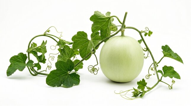 Fresh green melon on vine with leaves and tendrils against a clean white background studio shot