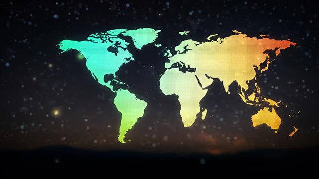 World map in bright color gradient against dark, bokeh-filled background