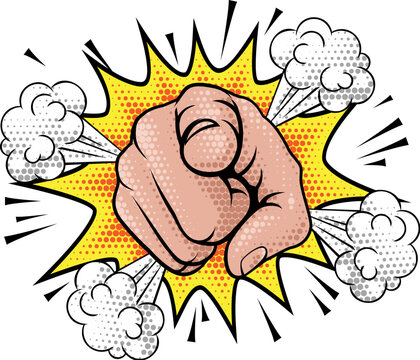 A pointing finger forward wants oe needs you halftone comicbook popart style hand illustration.