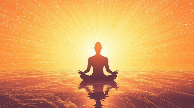 Silhouette of person meditating at sunset over calm water with golden light rays