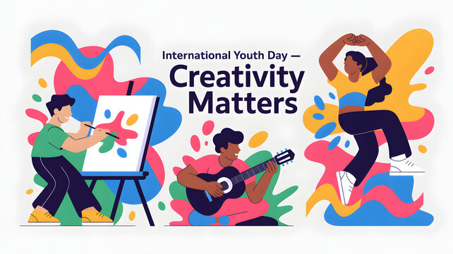 Creativity Concept for International Youth Day Featuring Young People with Music Art and Dance