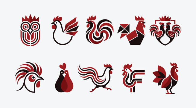Collection of stylized rooster and owl logos modern graphic design stylized Vector