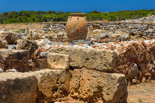 Large ancient Minoan pithos storage jar at the Malia Palace ruins on Crete, Greece