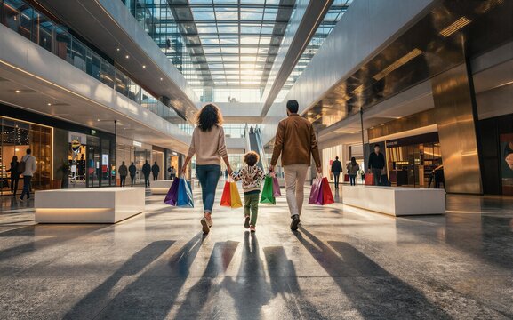 Family strolls through bright mall holding hands with colorful