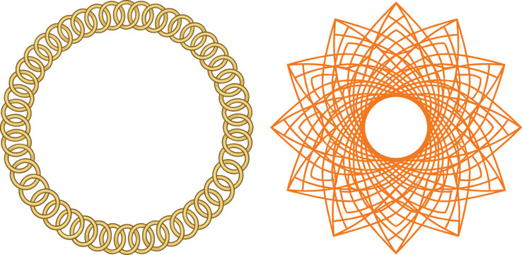 Elegant Golden Lace Circle Border and Orange Geometric Star Mandala Round Frame Vector Set