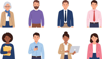 Obraz premium Flat Style Diverse Business People Character Set with Men and Women in Professional Workplace Attire Illustration