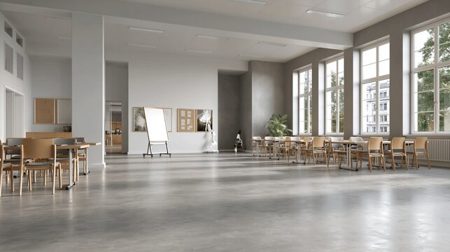Spacious, bright, modern, and adaptable event hall or multipurpose room with ample natural light and flexible seating arrangements.