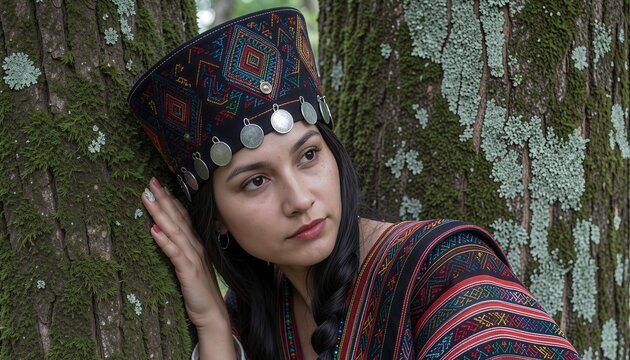 Beautiful Himachali Girl in Traditional Kinnauri Pattu Dress and Embroidered Pahari Topi with Silver Coins Standing in a Forest in Himachal Pradesh India