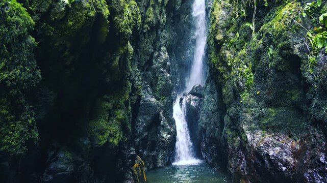 Tropical Rainforest Waterfall Flowing Down Mossy Rocks Into Natural Pool Lush Green Jungle Environment Nature Conservation Eco Tourism Clean Water