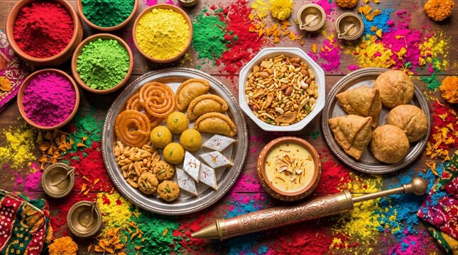Assortment of indian snacks and colourful powders for Holi festival, Celebrate Holi Festival with Indian Snacks