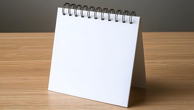 Blank desk calendar with wire spiral binding on wooden surface and plain background.