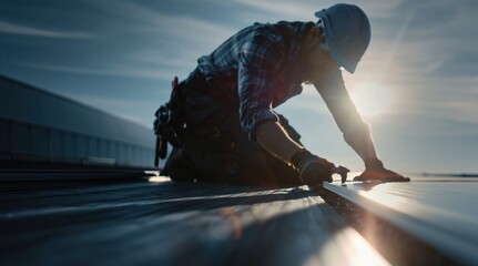 Fototapeta premium Roofer Installing Solar Panels on a Commercial Building Rooftop at Sunset