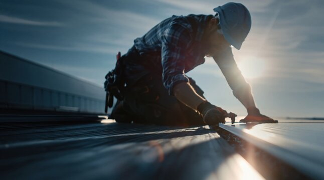 Roofer Installing Solar Panels on a Commercial Building Rooftop at Sunset