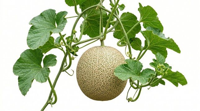 Ripe cantaloupe melon hanging on vine with green leaves isolated on white background