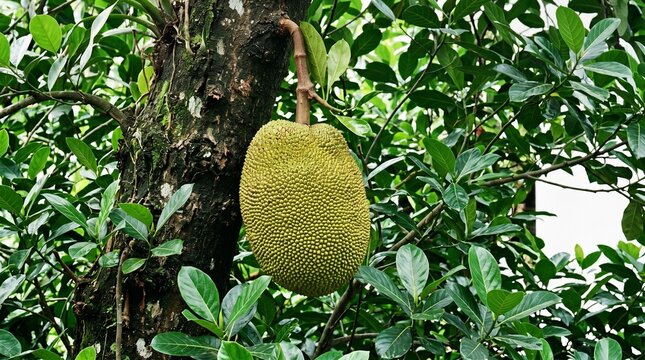 Giant jackfruit hanging from a tree branch mature fruit with green bumpy skin and lush foliage