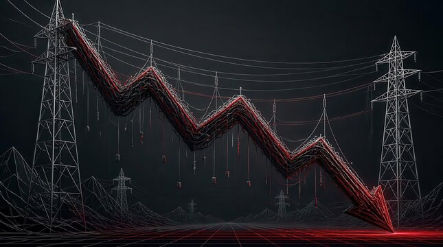 A tangled web of power suspended in mid air, featuring a cinematic industrial grid landscape depicting a dramatic financial downturn with sharp red geometric decline lines across the horizon line.
