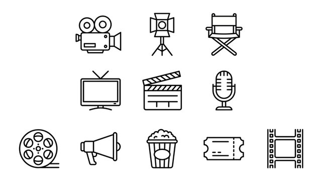 A comprehensive collection of line art icons depicting essential elements and equipment used in film production, cinema, and the broader entertainment industry for various media projects
