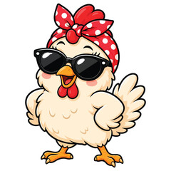 Obraz premium Cute cartoon chicken wearing sunglasses and a red polka dot bandana