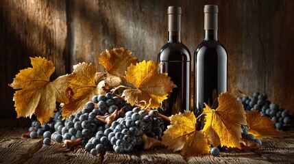 Obraz premium Still Life of Two Dark Glass Wine Bottles with Ripe Grapes and Autumn Leaves on Rustic Wooden Surface