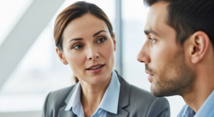 Fototapeta premium Business meeting with professional man and woman discussing in modern office. Business conversation involves focused expressions, strategies, and collaboration enhancing teamwork during meeting.