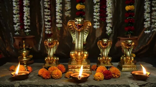 Vibrant Nag Panchami Celebration featuring Golden Cobra Deities and Marigold Flowers, a Sacred Indian Festival Honoring Serpents and Seeking Divine Blessings and ... See More