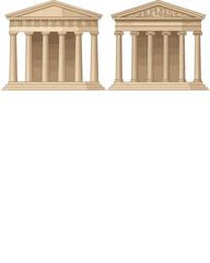Fototapeta premium Pair of Classical Greek Roman Temple Facades Beige Tan Color with Columns Pediment and Steps Vector Illustration
