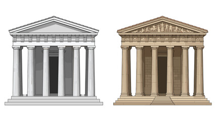 Fototapeta premium Classical Greek Roman Temple Facade with Columns Pediment and Steps White and Beige Color Vector Illustration Set