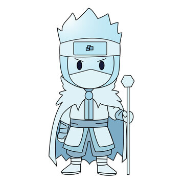 Cute ice ninja character with staff winter warrior chibi cartoon vector illustration Cute ice ninja character with staff winter warrior chibi cartoon vector illustration