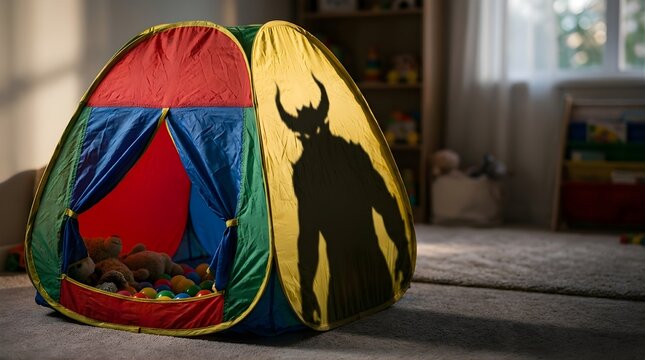 Scary demon shadow cast on a colorful children play tent in a bedroom