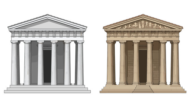 Classical Greek Roman Temple Facade with Columns Pediment and Steps White and Beige Color Vector Illustration Set
