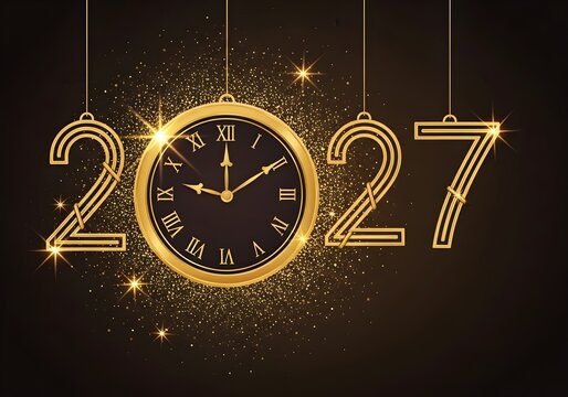 Golden clock showing almost midnight with sparkling numbers for the new year 2027 celebration.