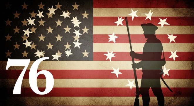 American revolution silhouette with distressed us flag and '76 typography