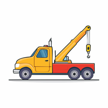 Yellow tow truck with red bed and crane