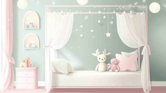 Pastel bedroom with white canopy bed and plush toys in soft daylight
