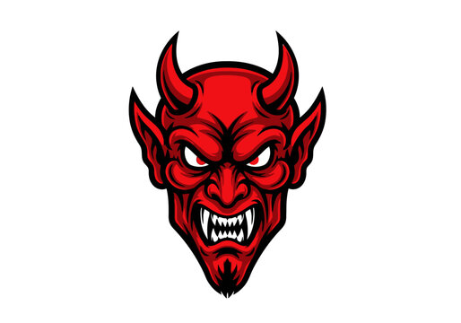 Fierce red devil mask with sharp features, menacing eyes, and prominent horns