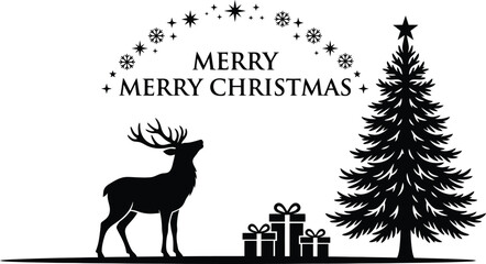 Black silhouette of a reindeer with christmas tree and gifts on white background with merry christmas text © firoz