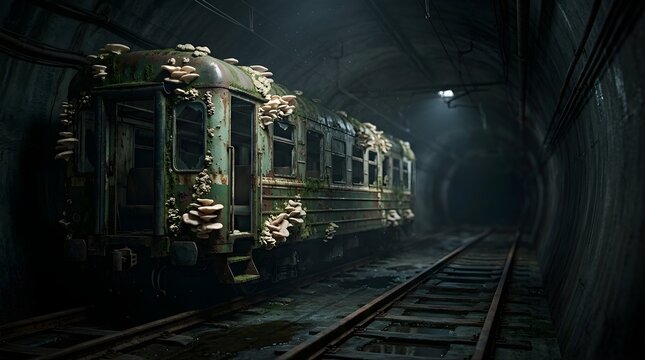 Abandoned rusty train covered in mushrooms inside a dark subway tunnel