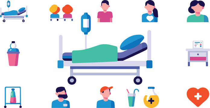 Hospital staff treating a patient in a ward with medical equipment and supplies nearby