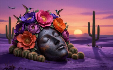 Fototapeta premium A serene face adorned with vibrant flowers and hummingbirds set