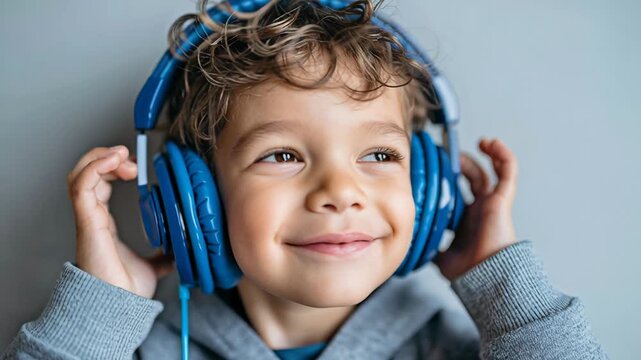 Smiling caucasian boy with yellow headphones enjoying lively music, eyes closed, hands holding headphones, wearing striped yellow shirt against vivid blue