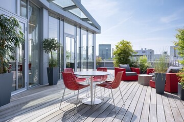 Naklejka premium Modern Rooftop Terrace With Red Outdoor Furniture and Cityscape View on a Sunny Day