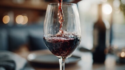 Obraz premium Close-up of rich red wine being poured into a crystal glass, creating a bubbly texture and elegant atmosphere.