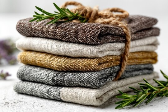 stacked linen towels with fresh rosemary