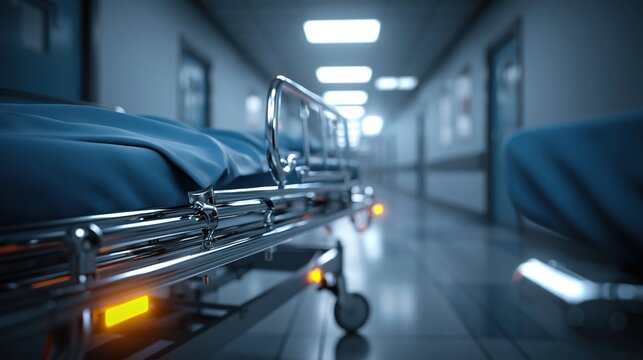 Empty hospital gurney with blue sheets in a sterile, dimly lit corridor with overhead lighting