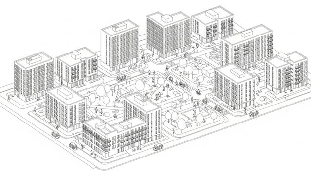 Isometric Large-Scale Housing District Infrastructure with Shared Transport Systems and CAD Architectural Blueprint Thin Line Vector Illustration