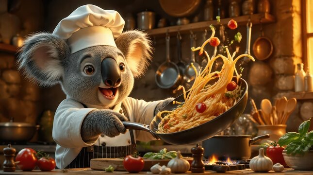 Action oriented 3D render of a joyful koala chef tossing pasta in a cozy rustic kitchen, featuring cinematic lighting and high resolution gigapixel quality for professional food photography banners.