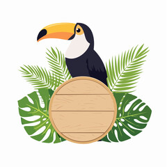 Obraz premium Toucan with Tropical Leaves and Wooden Sign
