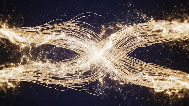 Microscopic Abstract CGI Visualization of Delicate Elastin Network with Shimmering Threads Intertwined Against Dark Background