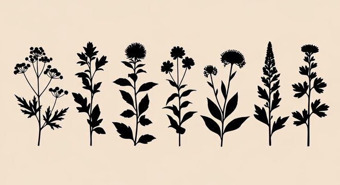 Floral silhouette collection black botanical illustrations of wildflowers and garden plants